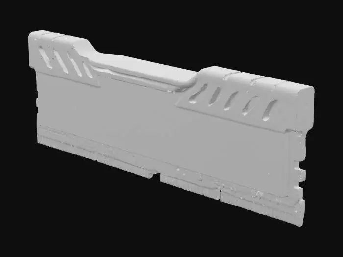 3D model for A modern 3D model of a DDR5 RAM stick with black PCB, silver or RGB heat spreader, fine gold contacts at the bottom edge, and slight indents in the middle of the connector. Engrave the module capacity and brand logo on the heat spreader.