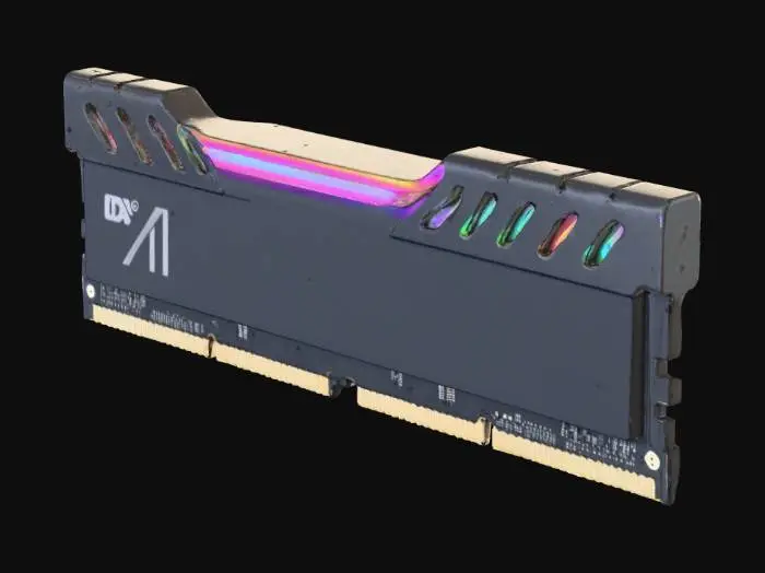 3D model for A modern 3D model of a DDR5 RAM stick with black PCB, silver or RGB heat spreader, fine gold contacts at the bottom edge, and slight indents in the middle of the connector. Engrave the module capacity and brand logo on the heat spreader.