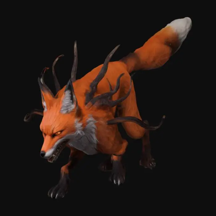 3D model for A demonic fox with a feral snarl, full body, quadrupedal, single strand fur, essence of darkness, horns, menacing, slender, demon fox, aggressive, multiple tails, kitsune, four legged 