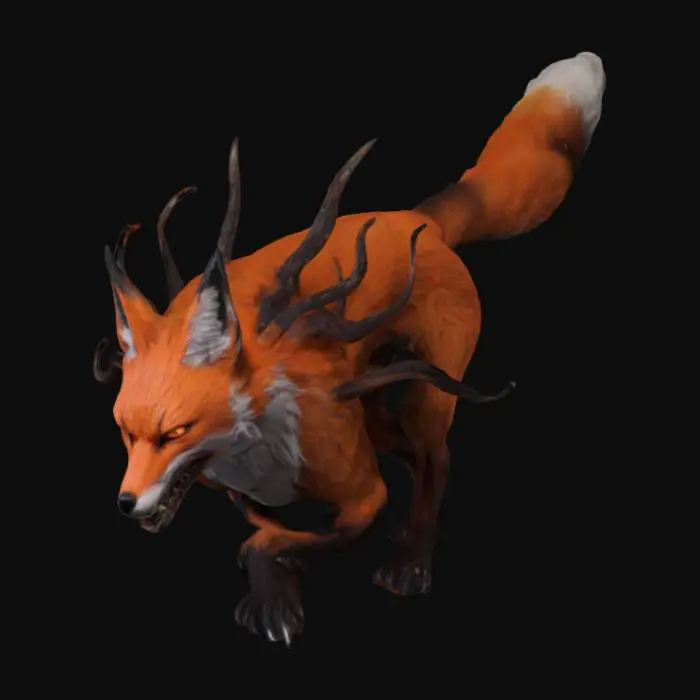 3D model for A demonic fox with a feral snarl, full body, quadrupedal, single strand fur, essence of darkness, horns, menacing, slender, demon fox, aggressive, multiple tails, kitsune, four legged 
