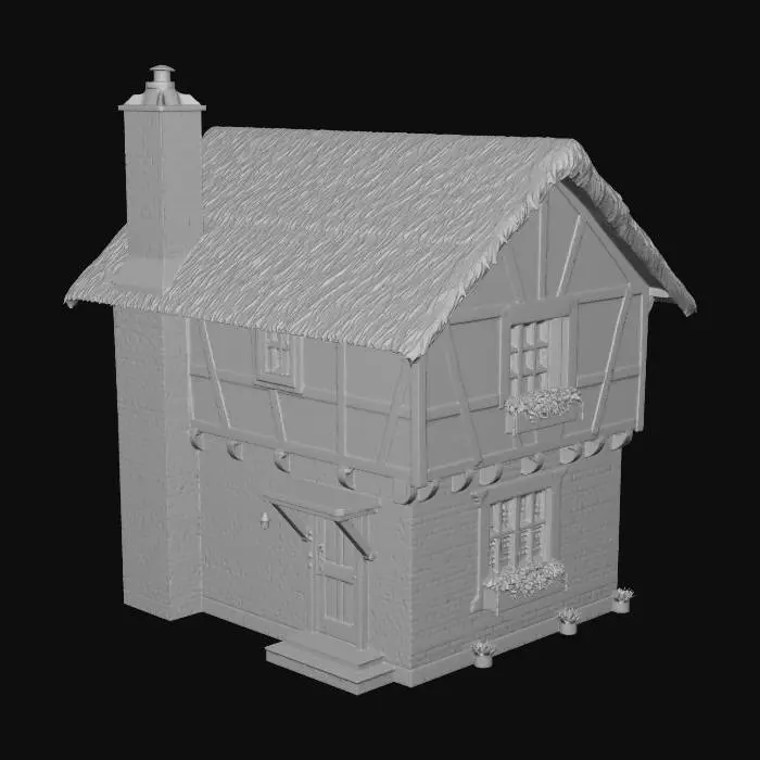 3D model for บ้านแบบชนบท สองชั้น มีปล่องไฟ สร้างจากอิฐ และไม้ หลังคาทำจากฟาง