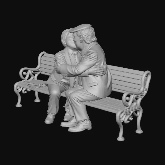 3D model for Create Jeffrey Epstein, and Donald Trump kissing on a park bench. Passionately embracing each other. With a Copy of the Epstein files on the ground.