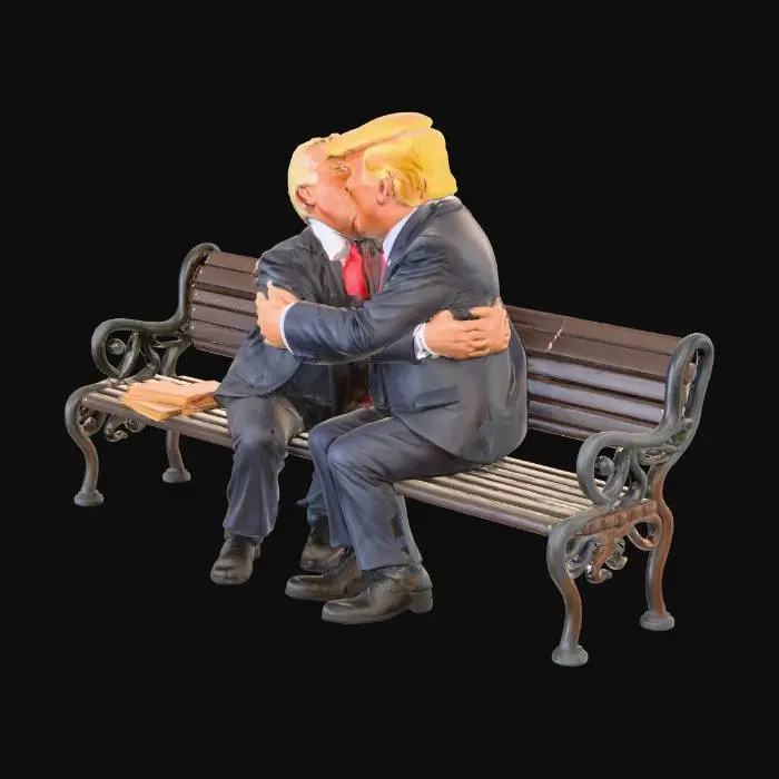 3D model for Create Jeffrey Epstein, and Donald Trump kissing on a park bench. Passionately embracing each other. With a Copy of the Epstein files on the ground.