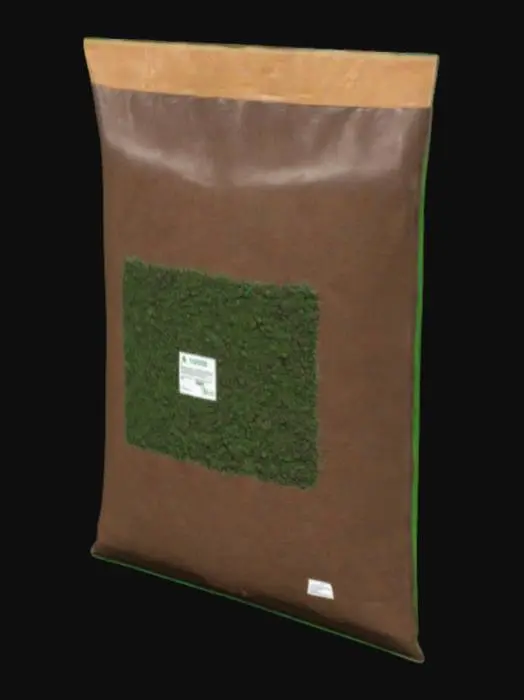 3D model for 生成一个硅肥的肥料包装袋，有绿色和土地元素，左上方写着硅宝肥，正中间写着复合硅肥，下面写着有效硅含量为21.3%，氮磷钾含≥40%，再下面还写着改良土壤，抗倒伏，抗病虫害，调节养分，增强抗逆，增强光合，提质增产，右下方写着净含量20kg，最下方正中间写着成都市硅宝肥农业有限公司。