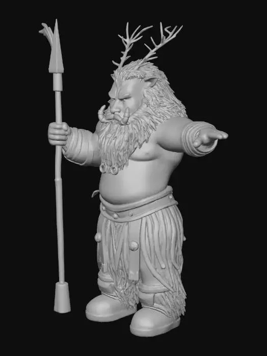 3D model for Una figura sciamanica in posa eretta, con una maschera lignea marrone scuro che copre il volto, adornata da corna di cervo bianche e una pelliccia nera ispida sulle spalle. Il corpo è parzialmente coperto da stracci di pelle marrone e fasce di cuoio sulle braccia e gambe, con evidenti pitture tribali verdi. Un collare e cintura composti da teschi e ossa chiare spiccano sulla pelle nuda. Porta una lancia di legno scuro con una punta metallica affilata e piume alla base.