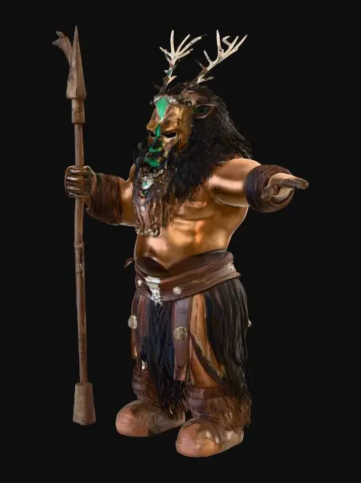 3D model for Una figura sciamanica in posa eretta, con una maschera lignea marrone scuro che copre il volto, adornata da corna di cervo bianche e una pelliccia nera ispida sulle spalle. Il corpo è parzialmente coperto da stracci di pelle marrone e fasce di cuoio sulle braccia e gambe, con evidenti pitture tribali verdi. Un collare e cintura composti da teschi e ossa chiare spiccano sulla pelle nuda. Porta una lancia di legno scuro con una punta metallica affilata e piume alla base.