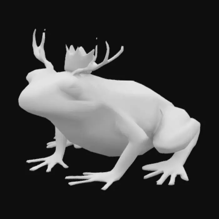 3D model for A stylized medium dog sized frog with antlers on its head. Low poly detail similar to playstation 2 graphics. the frog has a tiny crown resting on its head in between the antlers. the frog is dark green