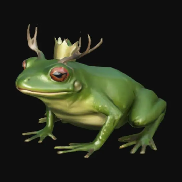 3D model for A stylized medium dog sized frog with antlers on its head. Low poly detail similar to playstation 2 graphics. the frog has a tiny crown resting on its head in between the antlers. the frog is dark green