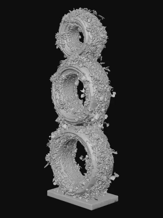 3D model for An idol stand made up of three stone rings stacked on top of each other, with three smaller rings above them, covered in long plants and ancient eldritch designs.