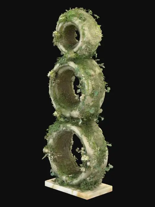 3D model for An idol stand made up of three stone rings stacked on top of each other, with three smaller rings above them, covered in long plants and ancient eldritch designs.