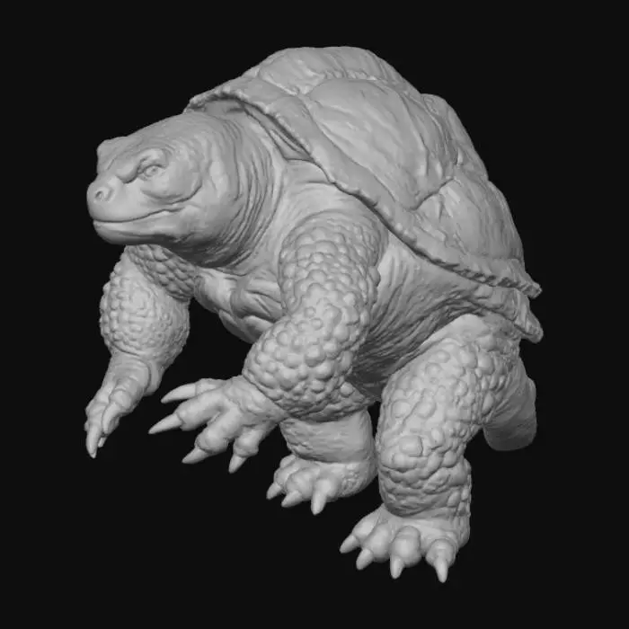 3D model for It's a colossal snapping turtle, roughly 9 feet tall when on its hind legs. Its shell isn't smooth but craggy and stone-like, covered in moss and ancient, glowing runes. Its eyes are milky white, glowing with a faint yellow light. Its beak is chipped and stained, and its leathery skin is scarred and wrinkled. It looks ancient and unstoppable.