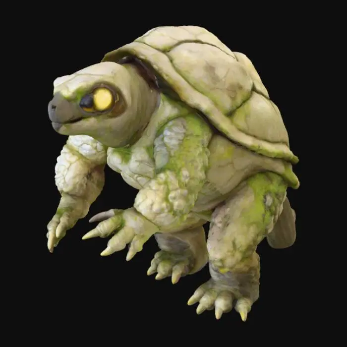 3D model for It's a colossal snapping turtle, roughly 9 feet tall when on its hind legs. Its shell isn't smooth but craggy and stone-like, covered in moss and ancient, glowing runes. Its eyes are milky white, glowing with a faint yellow light. Its beak is chipped and stained, and its leathery skin is scarred and wrinkled. It looks ancient and unstoppable.