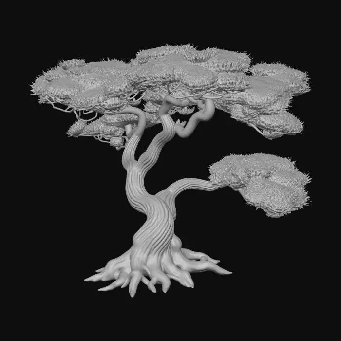 3D model for Stylized Japanese pine tree (matsu), 
twisted and curved trunk,
strong asymmetry,
horizontal layered branches,
irregular flat pine needle clusters,
visible gaps between foliage layers,
windswept shape,
ancient tree silhouette,
not conical, not symmetrical,
no christmas tree shape,
game-ready stylized realism,
clean silhouette, low noise,
single tree, no background