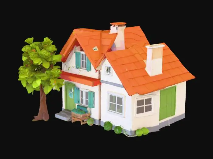 3D model for "Create a low poly 3D assets pack that includes:

1. A colorful cartoon house with windows, doors, and simple textures.


2. A low poly tree or palm tree with green leaves and brown trunk.


3. A modern low
