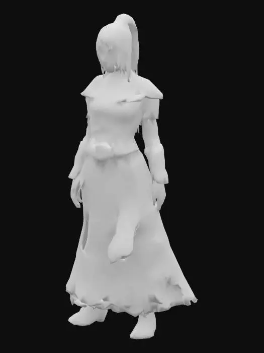 3D model for Shadowheart is a High Half-Elf with a lithe build. Her most defining features are her straight, coal-black hair, fashioned into a long, segmented ponytail adorned with silver loops, and a short, straight fringe that frames her forehead. A subtle scar runs from her nose across her right cheek. Her eyes are a striking light-green with yellow speckles, accentuated by dark, contoured makeup. A painful black circular mark mars her right hand, a symbol of her allegiance. She often wears Sharran-style attire, completed by a silver circlet bearing Shar's holy symbol and an ornate argent hairpiece at the base of her ponytail, echoing Sharran temple aesthetics.