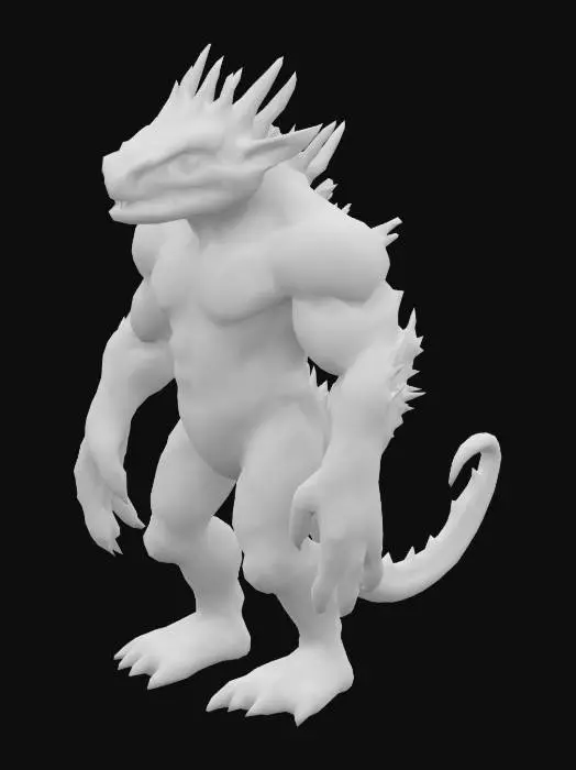 3D model for an alien with an extraordinarily stocky and muscular build, enveloped in vibrant cobalt-blue fur that appears coarse and slightly iridescent. His head features two remarkably long, highly articulated ears that can fold and unfurl with surprising speed, alongside two short, flexible antennae that constantly twitch atop his skull. His face is dominated by two large, dark, oval-shaped eyes that convey a wide range of emotions, and a wide, often mischievous maw that showcases rows of sharp, pointed teeth. He possesses a unique physiology with four powerful arms (two primary, two retractable from his sides) and two strong legs, all terminating in three razor-sharp claws. Furthermore, three distinct, retractable spines emerge from his back