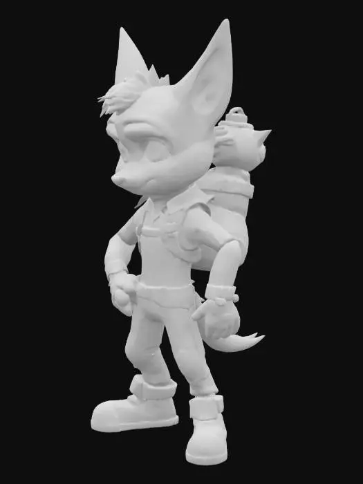 3D model for Ratchet is an anthropomorphic Lombax, resembling a bipedal, furry feline. He has bright yellow fur with brown stripes, notably on his ears and tail, and large, expressive green eyes. He's typically seen wearing a mechanic's jumpsuit or armor, often carrying his signature Omniwrench. His physical build is athletic and agile, suitable for jumping and combat.

Clank is a small, green-grey robot. He's significantly smaller than Ratchet, often riding on Ratchet's back like a backpack. Clank has a rounded, compact body with thin limbs, and a distinctly "robot" appearance with visible joints and metallic sheen. He has large, expressive green eyes and a generally calm, intelligent demeanor, contrasting Ratchet's more boisterous nature.