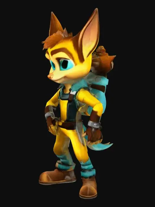 3D model for Ratchet is an anthropomorphic Lombax, resembling a bipedal, furry feline. He has bright yellow fur with brown stripes, notably on his ears and tail, and large, expressive green eyes. He's typically seen wearing a mechanic's jumpsuit or armor, often carrying his signature Omniwrench. His physical build is athletic and agile, suitable for jumping and combat.

Clank is a small, green-grey robot. He's significantly smaller than Ratchet, often riding on Ratchet's back like a backpack. Clank has a rounded, compact body with thin limbs, and a distinctly "robot" appearance with visible joints and metallic sheen. He has large, expressive green eyes and a generally calm, intelligent demeanor, contrasting Ratchet's more boisterous nature.