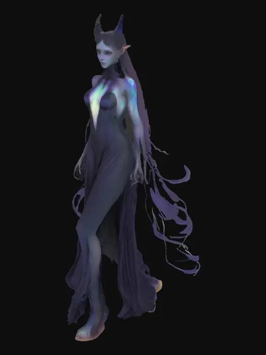 3D model for Lilith is a slender, 1.8m humanoid female with twilight-hued skin exhibiting subtle iridescence and subtle, animated starlight patterns beneath the surface. Her obsidian eyes are deep, reflective pools. She has long, flowing, moonless-night hair and a serene, subtly androgynous face.

Instead of wings, two dynamic, inky smoke ribbons unfurl from her back. Her attire consists of minimal, flowing, dark, semi-transparent garments. Key details include subtly pointed ears and delicate fingers. Emphasize fluid motion and ethereal grace in posing and animation, with subtle movements for hair, smoke, and skin patterns. Focus on her insidious beauty rather than overt seduction.