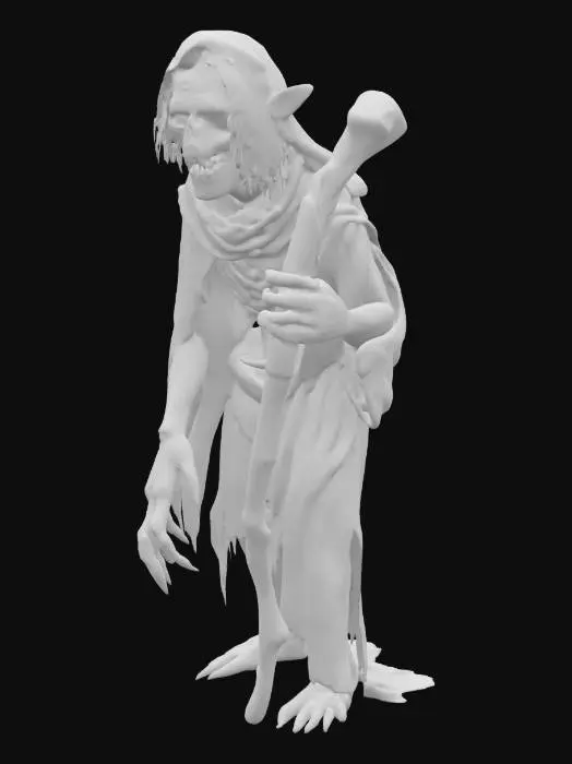 3D model for An old hag (witch) A stooped, bony figure, draped in moth-eaten, dark rags. Her skin is a network of deep wrinkles, like cracked leather, with a sallow, greenish tinge. A sharp, hooked nose dominates her face, above a thin-lipped mouth often twisted into a sneer, revealing sparse, yellowed teeth. Her eyes, sunken and beady, gleam with an unsettling intelligence beneath straggly, matted white hair. Long, bony fingers end in dirt-caked, talon-like nails. She moves with a creaking gait, often leaning on a gnarled, twisted staff. A faint, earthy odor of stagnant water and dried herbs clings to her.