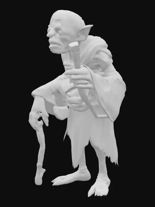 3D model for An old hag (witch) A stooped, bony figure, draped in moth-eaten, dark rags. Her skin is a network of deep wrinkles, like cracked leather, with a sallow, greenish tinge. A sharp, hooked nose dominates her face, above a thin-lipped mouth often twisted into a sneer, revealing sparse, yellowed teeth. Her eyes, sunken and beady, gleam with an unsettling intelligence beneath straggly, matted white hair. Long, bony fingers end in dirt-caked, talon-like nails. She moves with a creaking gait, often leaning on a gnarled, twisted staff. A faint, earthy odor of stagnant water and dried herbs clings to her.