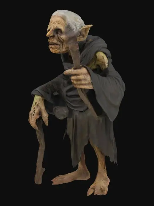3D model for An old hag (witch) A stooped, bony figure, draped in moth-eaten, dark rags. Her skin is a network of deep wrinkles, like cracked leather, with a sallow, greenish tinge. A sharp, hooked nose dominates her face, above a thin-lipped mouth often twisted into a sneer, revealing sparse, yellowed teeth. Her eyes, sunken and beady, gleam with an unsettling intelligence beneath straggly, matted white hair. Long, bony fingers end in dirt-caked, talon-like nails. She moves with a creaking gait, often leaning on a gnarled, twisted staff. A faint, earthy odor of stagnant water and dried herbs clings to her.