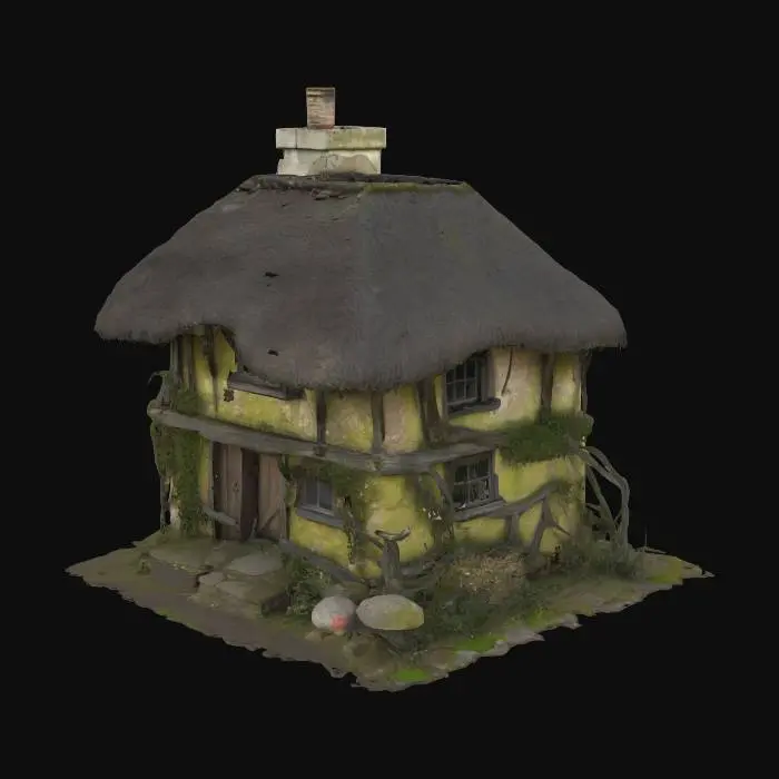 3D model for A squat, leaning cottage with a lumpy, dark thatched roof, heavily blanketed in moss and sickly weeds. The wattle and daub walls are cracked, flaking, and stained, revealing patches of skeletal wood. A crooked stone chimney, blackened with soot, leans precariously. Windows are small, boarded with scavenged planks or covered by grimy, translucent hides. The heavy, splintered door is off-center, hanging on rusted hinges. Gnarled vines cling to the walls, and the surrounding ground is muddy and uneven, littered with twisted roots and dark fungi. It feels like it grew from the earth, neglected and unsettling. An witches cottage.