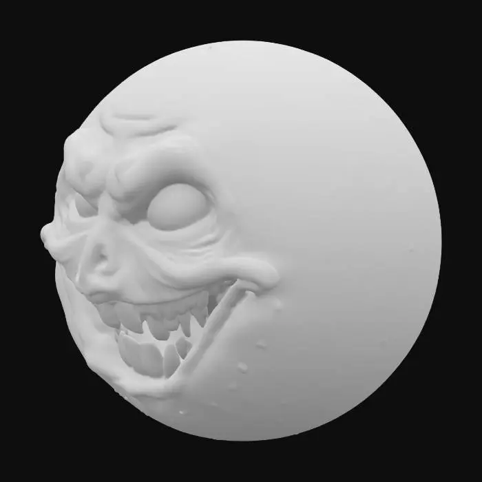 3D model for This moon, for AI modeling, is a sphere bearing a grotesque, anthropomorphic face. Its key features are deep-set, hollow eyes and a wide, permanent smile filled with distinct, human-like teeth. These features appear "carved" or "eroded" into its surface, suggesting an ancient horror. The texture should blend realistic lunar topography (craters, maria) with subtle distortions. Coloration remains largely grayscale or muted, with potential eerie glows or abyssal shadows. The teeth could be a starker white. While static, careful lighting can emphasize its malevolent presence.
