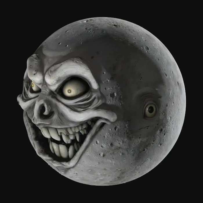 3D model for This moon, for AI modeling, is a sphere bearing a grotesque, anthropomorphic face. Its key features are deep-set, hollow eyes and a wide, permanent smile filled with distinct, human-like teeth. These features appear "carved" or "eroded" into its surface, suggesting an ancient horror. The texture should blend realistic lunar topography (craters, maria) with subtle distortions. Coloration remains largely grayscale or muted, with potential eerie glows or abyssal shadows. The teeth could be a starker white. While static, careful lighting can emphasize its malevolent presence.