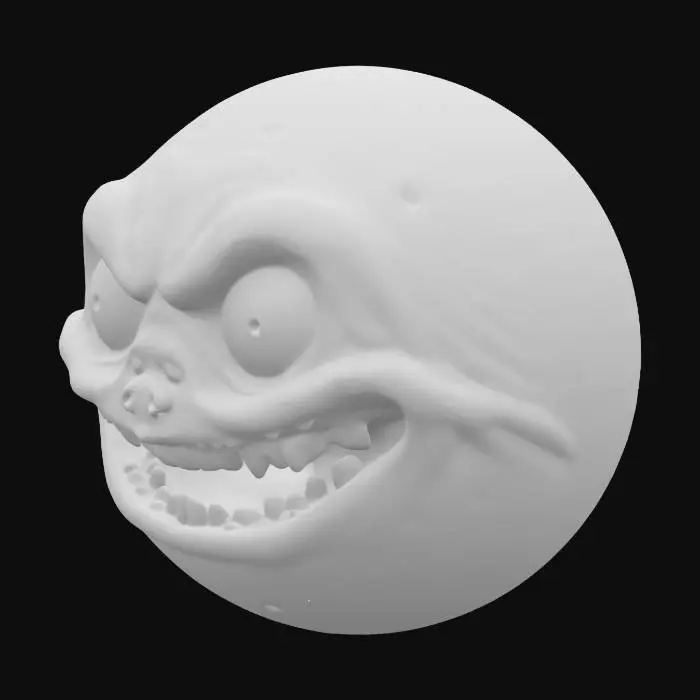 3D model for This moon, for AI modeling, is a sphere bearing a grotesque, anthropomorphic face. Its key features are deep-set, hollow eyes and a wide, permanent smile filled with distinct, human-like teeth. These features appear "carved" or "eroded" into its surface, suggesting an ancient horror. The texture should blend realistic lunar topography (craters, maria) with subtle distortions. Coloration remains largely grayscale or muted, with potential eerie glows or abyssal shadows. The teeth could be a starker white. While static, careful lighting can emphasize its malevolent presence.