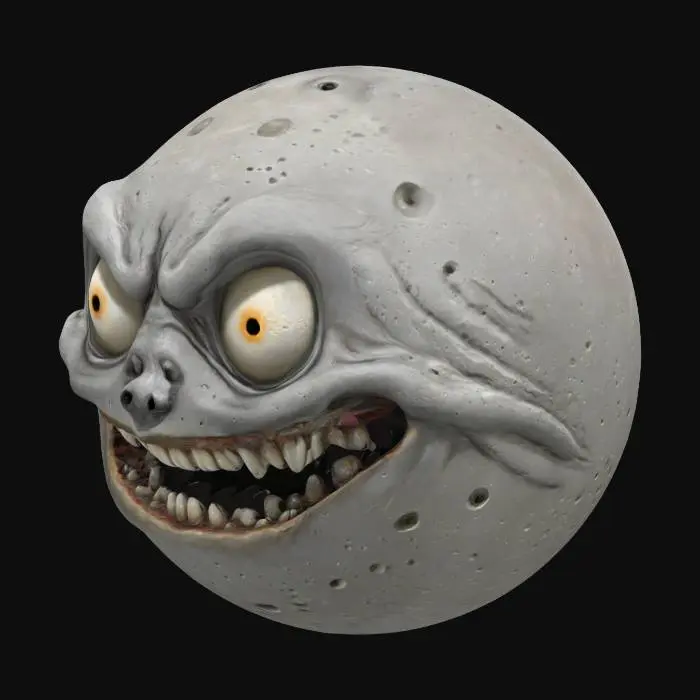 3D model for This moon, for AI modeling, is a sphere bearing a grotesque, anthropomorphic face. Its key features are deep-set, hollow eyes and a wide, permanent smile filled with distinct, human-like teeth. These features appear "carved" or "eroded" into its surface, suggesting an ancient horror. The texture should blend realistic lunar topography (craters, maria) with subtle distortions. Coloration remains largely grayscale or muted, with potential eerie glows or abyssal shadows. The teeth could be a starker white. While static, careful lighting can emphasize its malevolent presence.