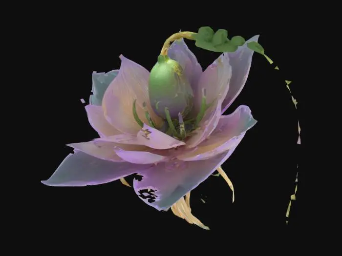 3D model for Design a floating bellflower-shaped garden creature with giant translucent petals forming a hanging bloom. Inside, glowing vines and tiny plant creatures live symbiotically. Roots hang below like tendrils, slowly waving. Petals glow faintly and pulse with light when it “sings.” Hues of lavender, mint, and gold with sparkling pollen. Stylized, surreal magical garden spirit. Clean low-poly mesh, floating idle pose with soft ambient magic,super detailed,stunning colors and textures, #garden#