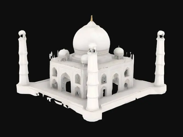 3D model for  a detailed model of the Taj Mahal with symmetrical white marble domes, four minarets at each corner, and central onion-shaped dome. Include arched doorways, intricate jali lattice windows, and ornamental inlays. Focus on clean geometry, accurate proportions, and stylized realism. No background or scene, clean low-poly mesh, idle centered structure, no deformations, suitable for games or architectural visualizations,super detailed,realistic,high resolution


