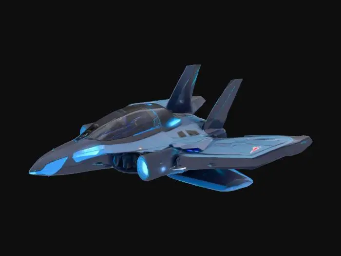 3D model for A futuristic fantasy fighter jet designed for high-speed aerial combat. Sleek, predatory silhouette with sharp angular wings, swept-forward canards, and vertical stabilizers glowing with neon blue energy. The cockpit is tinted black with holographic displays inside, surrounded by armored plating and glowing circuits. Engines emit a plasma-like thruster glow with particle trails. Surfaces feature intricate panel lines, vents, and mechanical textures, giving it a sci-fi military look. The jet should appear menacing yet elegant, like a hero craft from a futuristic war movie, blending stealth bomber aesthetics with alien technology, #PBR#