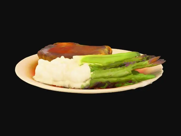3D model for Create a highly detailed 3D model of a delicious plated dish. The food should look fresh, realistic, and appetizing with vibrant textures. Add fine details like steam rising if it’s hot, glossy highlights on sauces, and natural imperfections for realism. The plate should have subtle reflections and a clean presentation, with proper lighting that enhances the textures and colors. Ensure the model is optimized for rendering and looks appealing from multiple angles, #food#