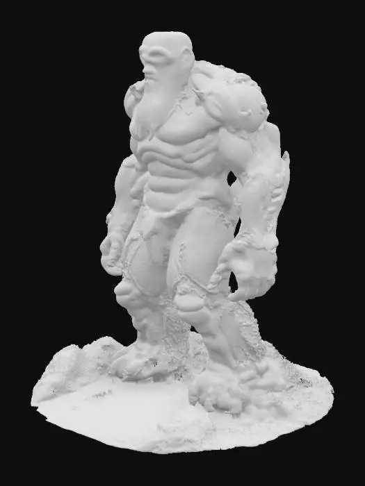 3D model for A colossal humanoid titan, carved from rough, grey stone and ancient, petrified wood, exhibiting immense, craggy limbs and a broad, stoic facial structure. Its surface is heavily eroded and scarred, with deep fissures revealing darker, almost metallic veins, suggesting immense age and resilience. Patches of moss and hardened volcanic ash cling to its textured skin, adding a somber, earthy palette of greens and dark greys, reinforcing its ancient, immovable presence. high detailed, super resolution , God of war