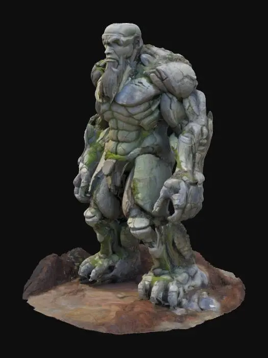 3D model for A colossal humanoid titan, carved from rough, grey stone and ancient, petrified wood, exhibiting immense, craggy limbs and a broad, stoic facial structure. Its surface is heavily eroded and scarred, with deep fissures revealing darker, almost metallic veins, suggesting immense age and resilience. Patches of moss and hardened volcanic ash cling to its textured skin, adding a somber, earthy palette of greens and dark greys, reinforcing its ancient, immovable presence. high detailed, super resolution , God of war