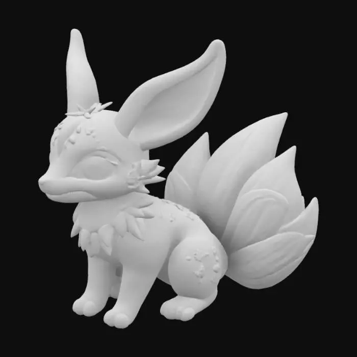 3D model for a small, elegant fox-like forest creature inspired by Leafeon. Fur made of soft layered leaves in vibrant gradients: mint green, jade, and golden tips. Tail is a large curled fern with iridescent veins, ears shaped like sprouting leaves with glowing edges. Beige skin with mossy green markings, floral patterns on legs. Eyes shimmer like dew, mossy fur has velvet texture. Add blooming wildflowers on back, shiny bark-like claws. Stylized, magical, garden spirit look,super detailed, #garden#, 

