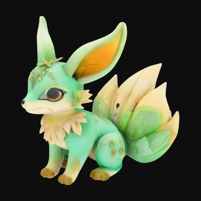 3D model for a small, elegant fox-like forest creature inspired by Leafeon. Fur made of soft layered leaves in vibrant gradients: mint green, jade, and golden tips. Tail is a large curled fern with iridescent veins, ears shaped like sprouting leaves with glowing edges. Beige skin with mossy green markings, floral patterns on legs. Eyes shimmer like dew, mossy fur has velvet texture. Add blooming wildflowers on back, shiny bark-like claws. Stylized, magical, garden spirit look,super detailed, #garden#, 

