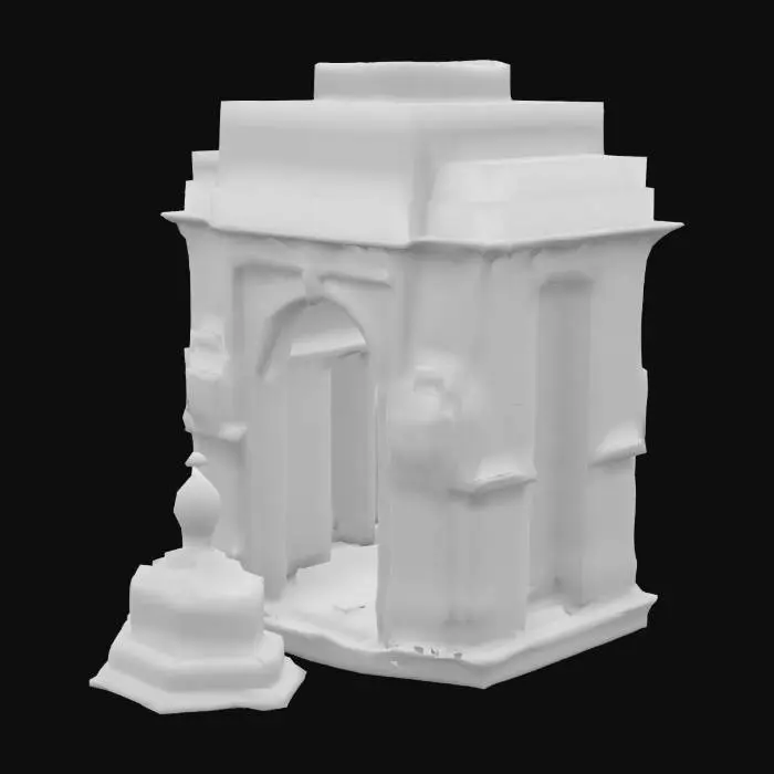 3D model for Create a high-fidelity 3D model of the India Gate, set against a clear blue sky. The structure should be a triumphal arch in the style of the Arc de Triomphe, constructed from detailed sandstone. Feature the 'Amar Jawan Jyoti' (eternal flame) at its base. The lighting should be bright daylight, highlighting the architectural details and the names of soldiers inscribed on the arch. The model should be suitable for a virtual tour or architectural visualization, #arch#