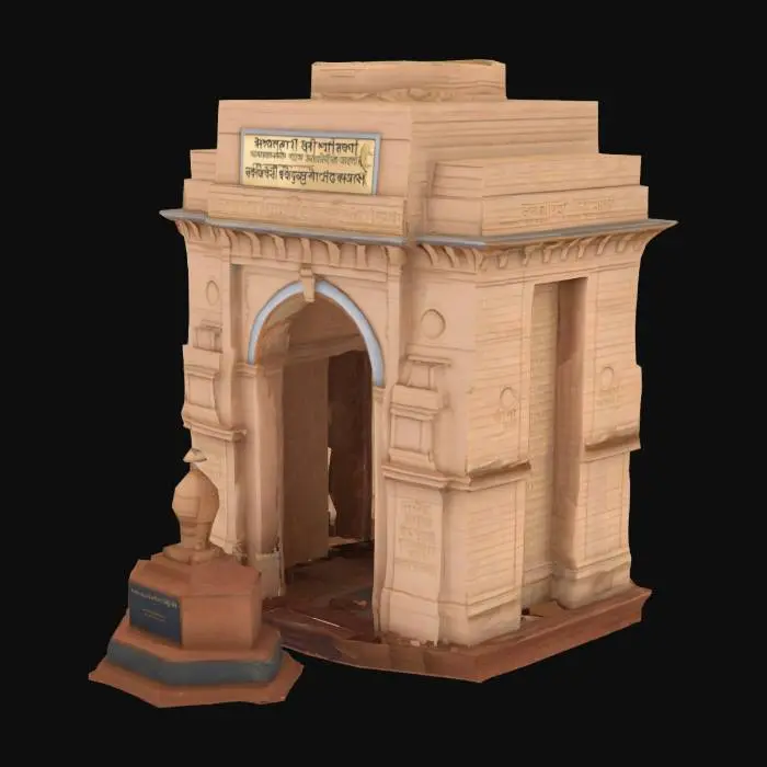 3D model for Create a high-fidelity 3D model of the India Gate, set against a clear blue sky. The structure should be a triumphal arch in the style of the Arc de Triomphe, constructed from detailed sandstone. Feature the 'Amar Jawan Jyoti' (eternal flame) at its base. The lighting should be bright daylight, highlighting the architectural details and the names of soldiers inscribed on the arch. The model should be suitable for a virtual tour or architectural visualization, #arch#