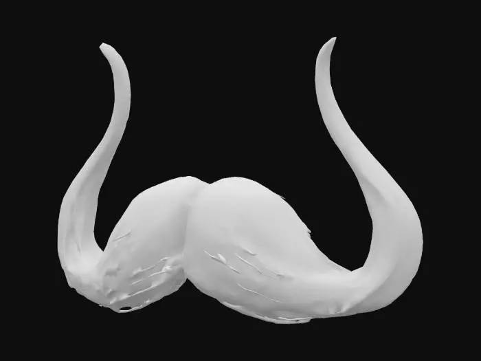 3D model for an elaborate handlebar moustache in shades of black and dark gray.  The ends twist and curl at the base,  and point straight up at the ends,  much like a wide and reversed fu manchu moustache
