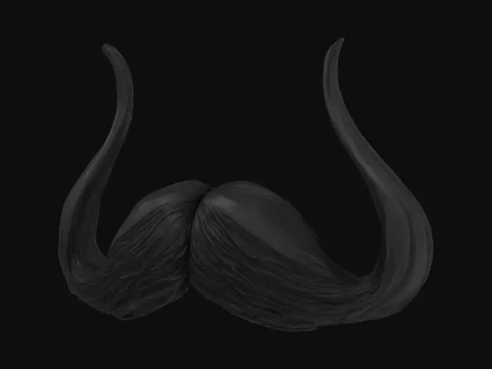 3D model for an elaborate handlebar moustache in shades of black and dark gray.  The ends twist and curl at the base,  and point straight up at the ends,  much like a wide and reversed fu manchu moustache