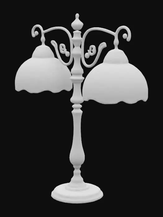 3D model for antique brass lamp with two lights side by side and tiffany style stained glass shades and pull cords for each lamp