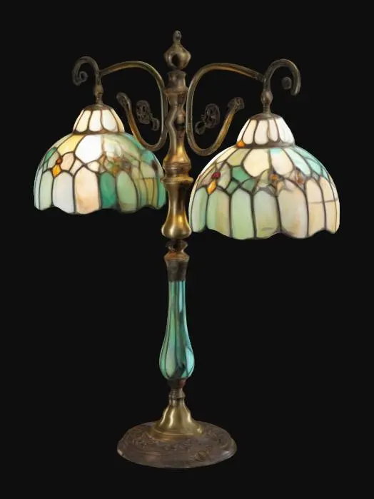 3D model for antique brass lamp with two lights side by side and tiffany style stained glass shades and pull cords for each lamp