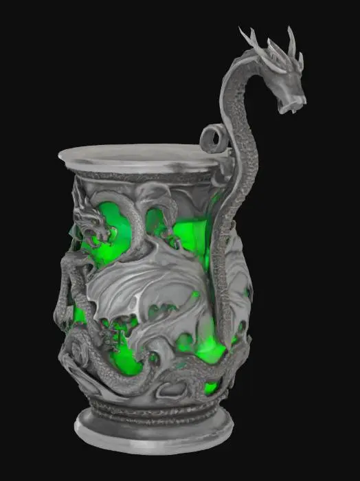 3D model for make a wizard's flagon containing a potion,  made of pewter and with dragons engraved on it
