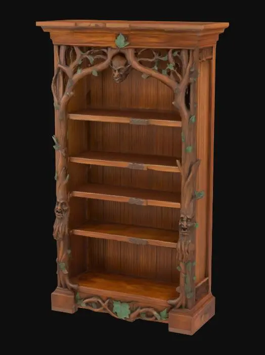 3D model for a carved wood bookcase with 4 shelves in a medieval german style depicting tree branches  and leaves and roots and witches and gargoyles.  The wood texture is chestnut brown in color with some painted color on the leaves and the faces of witches and gargoyles