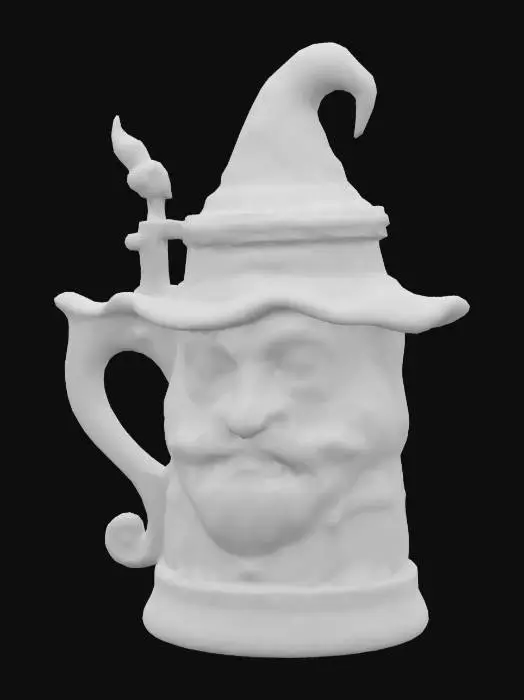 3D model for a ceramic beer stein with the face of an old wrinkled ugly witch molded into it and a hinged cover made of pewter in the shape of a pointy witch's hat 