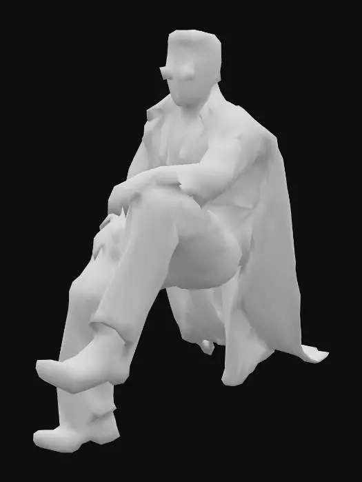 3D model for elvis presley in his white jumpsuit costume in a sitting position.  Elvis is wearing dark sunglasses and a white 
cape