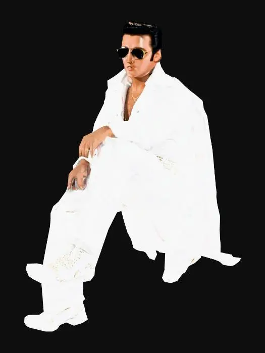 3D model for elvis presley in his white jumpsuit costume in a sitting position.  Elvis is wearing dark sunglasses and a white 
cape
